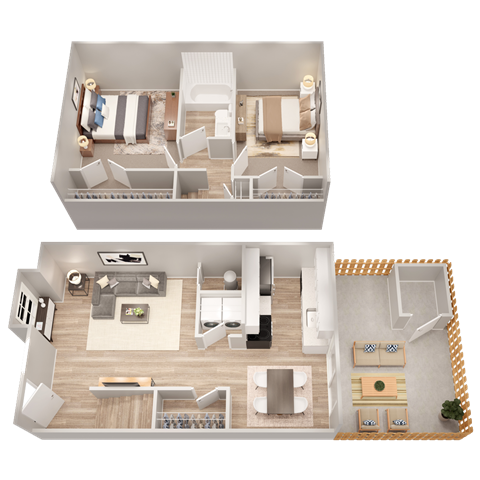 a stylized view of a 1 bedroom and a 2 bedroom floor plan